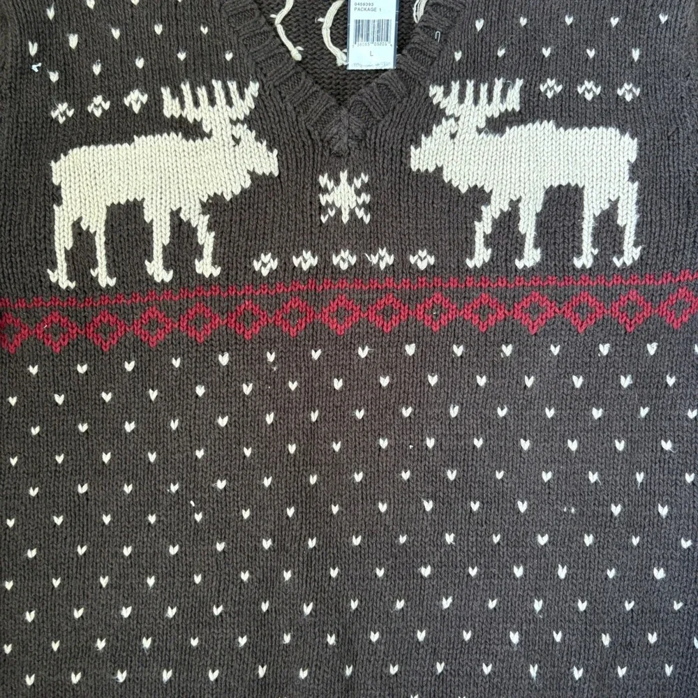 Polo Ralph Lauren Sweater Mens Large Brown Cotton Linen Moose Fair Isle V-Neck